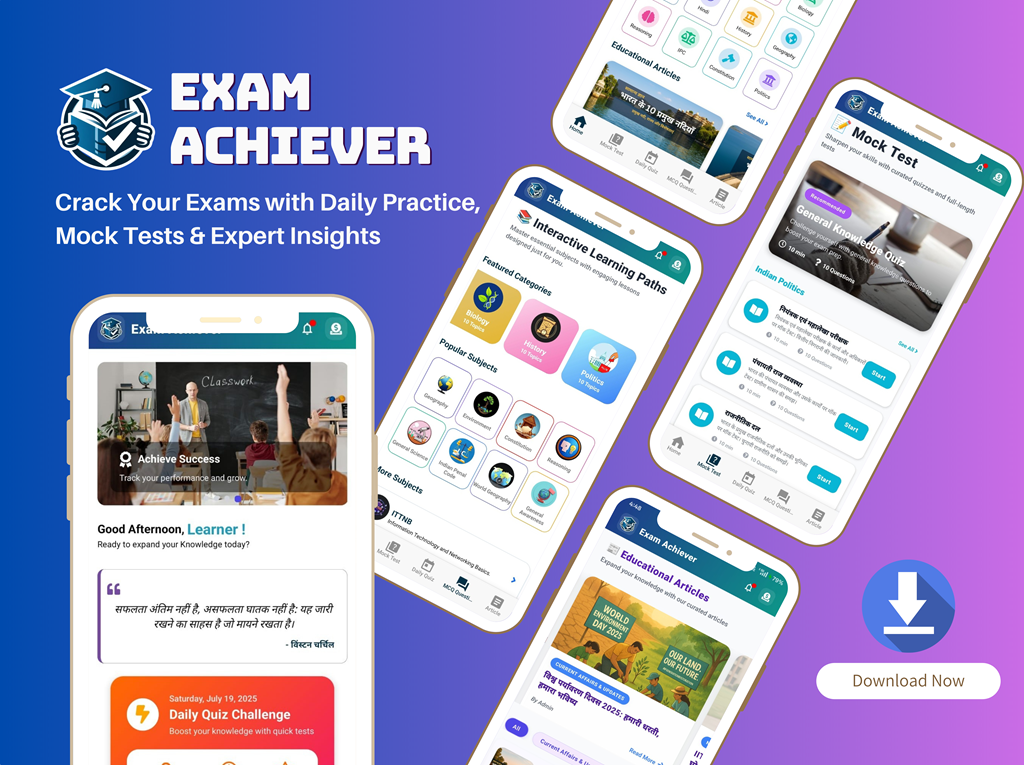 Mobile phone showing ExamAchiever app home screen with colorful UI and exam preparation dashboard