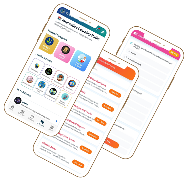 ExamAchiever app MCQ questions screen showing 40+ subjects and smart learning algorithms